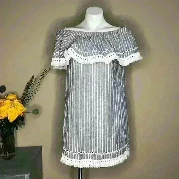 1. State Blue Crush Ocean Slate off Shoulder Dress - Picture 1 of 8